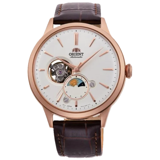 Elegancki zegarek męski Orient Sun & Moon RA-AS0102S10B z białą tarczą i kopertą w kolorze różowego złota. Wyposażony w mechanizm automatyczny, wskaźnik dnia i nocy oraz subtelne okienko open-heart. Pasek wykonany z brązowej skóry, idealny na formalne okazje.