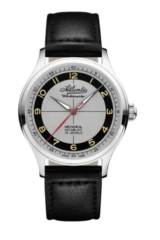 Zegarek męski Atlantic Worldmaster z czarnym skórzanym paskiem i srebrną kopertą