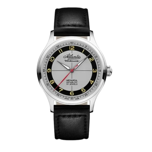 Zegarek męski Atlantic Worldmaster z czarnym skórzanym paskiem i srebrną kopertą