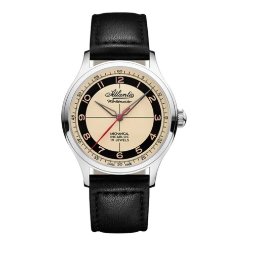 Zegarek męski Atlantic Worldmaster z czarnym skórzanym paskiem, srebrną kopertą i beżowo-czarną tarczą