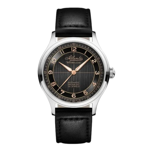 Zegarek męski Atlantic Worldmaster z czarnym skórzanym paskiem, srebrną kopertą i czarną tarczą