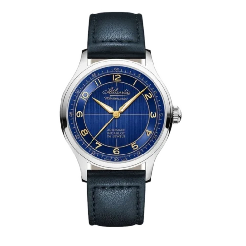 Zegarek męski Atlantic Worldmaster z granatowym skórzanym paskiem, srebrną kopertą i niebieską tarczą