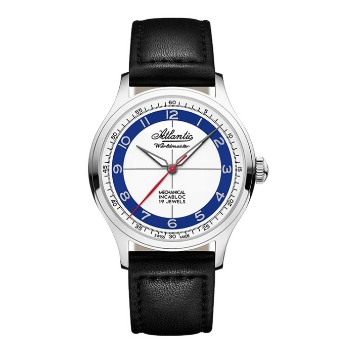 Zegarek męski Atlantic Worldmaster z czarnym skórzanym paskiem, srebrną kopertą i niebieskim akcentem na tarczy