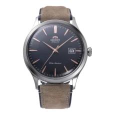 Zegarek męski Orient Automatic z brązowym skórzanym paskiem, srebrną kopertą i czarną tarczą