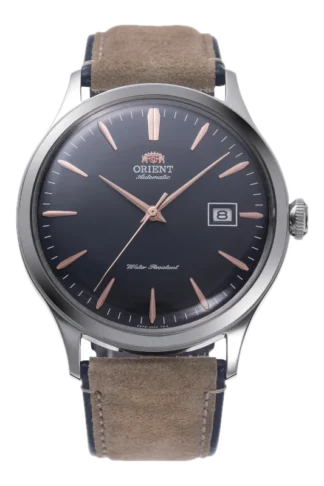 Zegarek męski Orient Automatic z brązowym skórzanym paskiem, srebrną kopertą i czarną tarczą