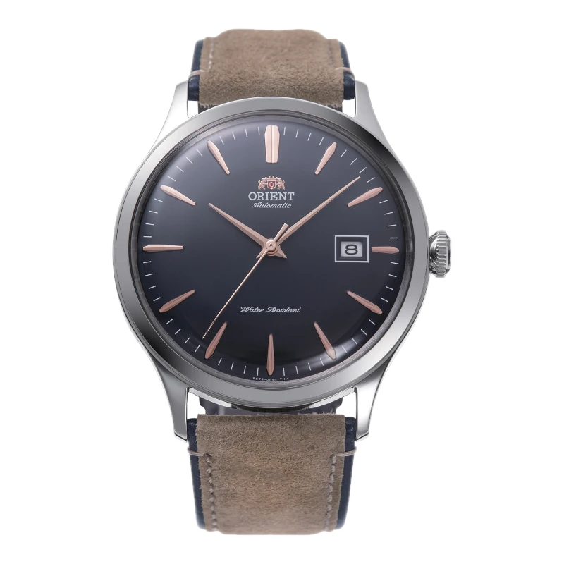 Zegarek męski Orient Automatic z brązowym skórzanym paskiem, srebrną kopertą i czarną tarczą