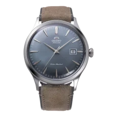 Zegarek męski Orient Automatic z brązowym skórzanym paskiem, srebrną kopertą i niebieską tarczą