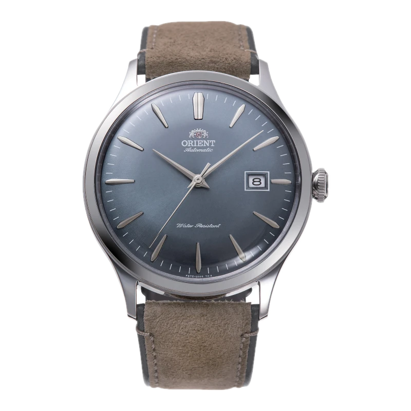 Zegarek męski Orient Automatic z brązowym skórzanym paskiem, srebrną kopertą i niebieską tarczą