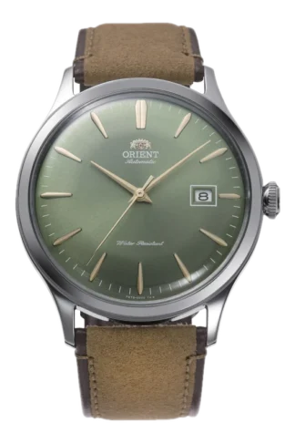 Zegarek męski Orient Automatic z brązowym skórzanym paskiem, srebrną kopertą i zieloną tarczą
