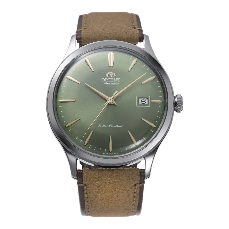 Zegarek męski Orient Automatic z brązowym skórzanym paskiem, srebrną kopertą i zieloną tarczą