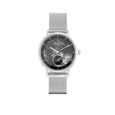 Elegancki srebrny zegarek Balticus z siatkową bransoletą, widok z przodu. Posiada okrągłą tarczę z ciemnym perłowym wzorem, srebrnymi wskazówkami i wskaźnikami. Na tarczy znajduje się logo Balticus oraz mała sekundowa tarcza na godzinie szóstej.