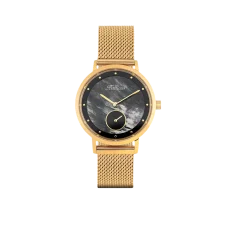 Elegancki złoty zegarek Balticus z siatkową bransoletą, widok z przodu. Posiada okrągłą tarczę w ciemnym kolorze z marmurkowym wzorem, złotymi wskazówkami i wskaźnikami. Na tarczy znajduje się logo Balticus oraz mała sekundowa tarcza na godzinie szóstej.