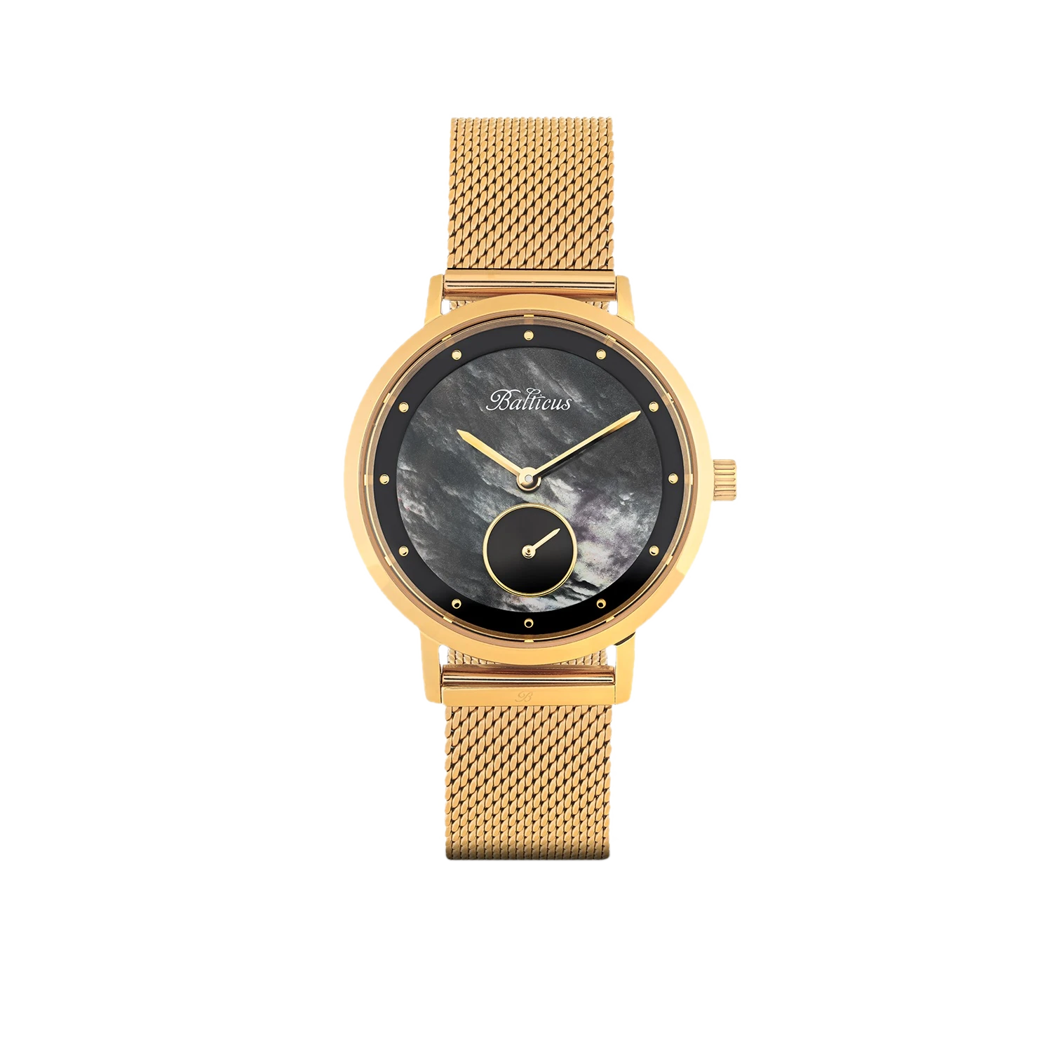 Elegancki złoty zegarek Balticus z siatkową bransoletą, widok z przodu. Posiada okrągłą tarczę w ciemnym kolorze z marmurkowym wzorem, złotymi wskazówkami i wskaźnikami. Na tarczy znajduje się logo Balticus oraz mała sekundowa tarcza na godzinie szóstej.