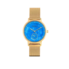 Elegancki złoty zegarek Balticus z siatkową bransoletą, widok z przodu. Posiada okrągłą tarczę w intensywnie niebieskim kolorze, złotymi wskazówkami i wskaźnikami. Na tarczy znajduje się logo Balticus oraz mała sekundowa tarcza na godzinie szóstej.