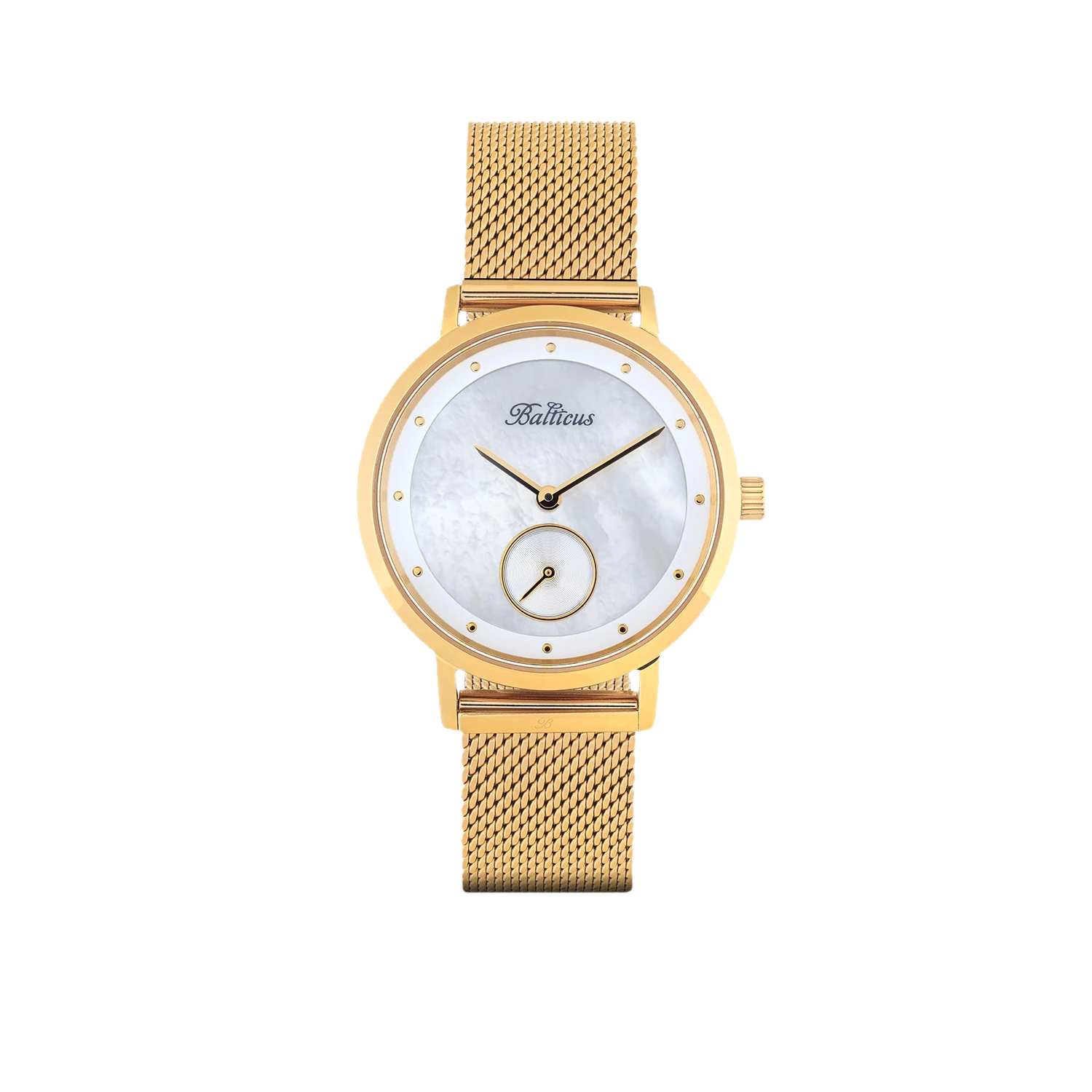 Elegancki złoty zegarek Balticus z siatkową bransoletą, widok z przodu. Posiada okrągłą tarczę z perłowym wzorem, złotymi wskazówkami i wskaźnikami. Na tarczy znajduje się logo Balticus oraz mała sekundowa tarcza na godzinie szóstej.