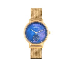 Elegancki złoty zegarek Balticus z siatkową bransoletą, widok z przodu. Posiada okrągłą tarczę w gradientowych odcieniach niebieskiego i fioletowego, złotymi wskazówkami i wskaźnikami. Na tarczy znajduje się logo Balticus oraz mała sekundowa tarcza na godzinie szóstej.