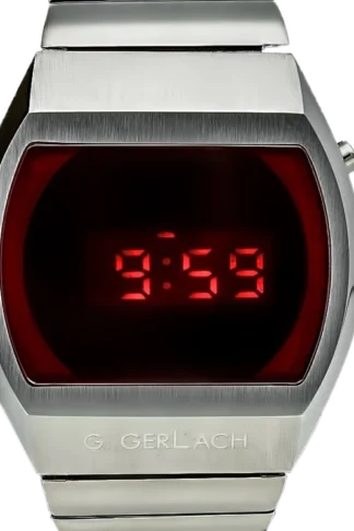 Męski zegarek G. Gerlach Kosmonauta Classic z cyfrowym wyświetlaczem, czerwonym podświetleniem, srebrną kopertą i bransoletą
