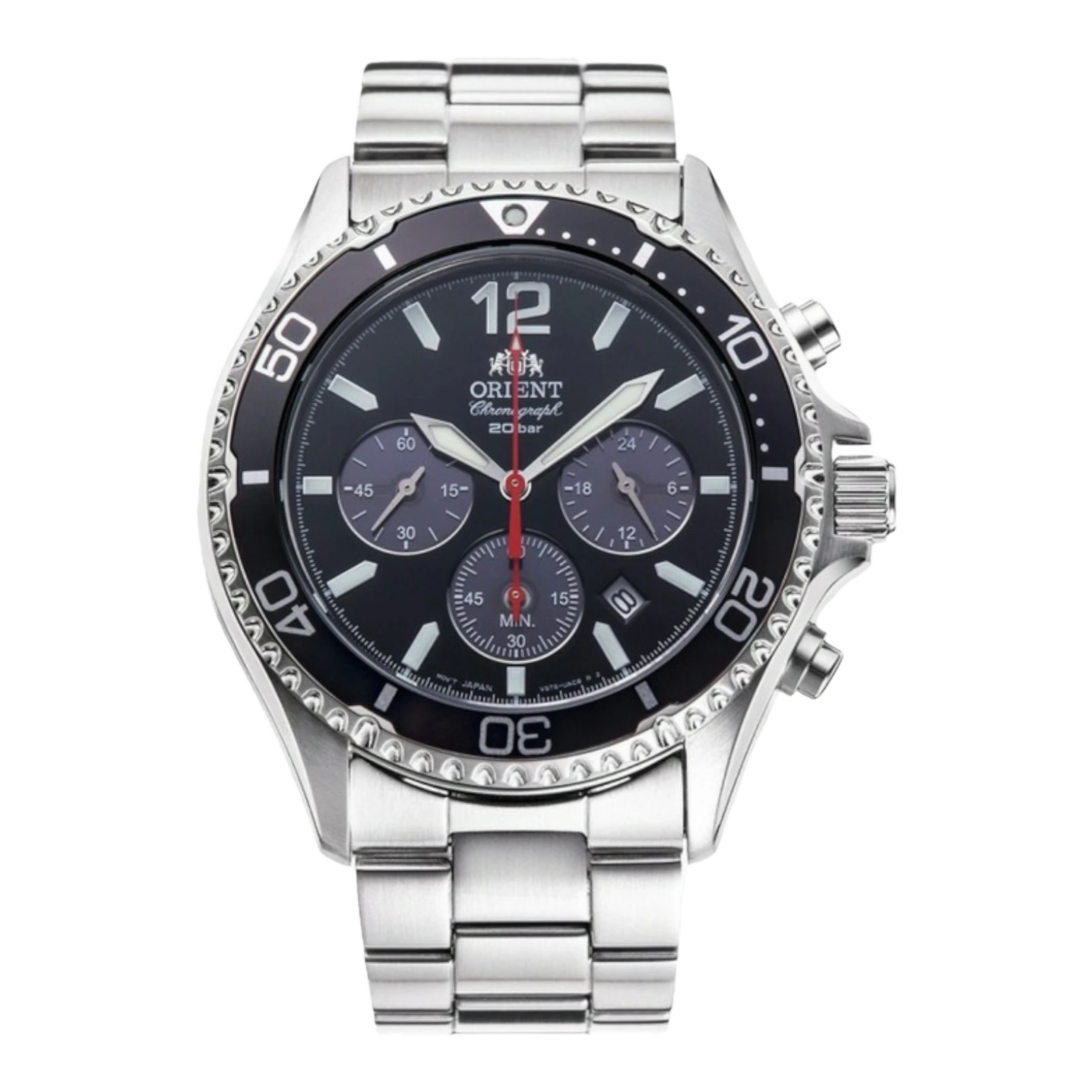 Zegarek Orient Mako XL Automatic, model RA-TX0202B10B. Posiada stalową bransoletę, czarną tarczę z białymi i czerwonymi wskazówkami oraz indeksami. Na tarczy widnieje logo Orient oraz oznaczenie wodoszczelności do 200 metrów. Tarcza zawiera również trzy mniejsze tarcze do funkcji chronografu i datownika.
