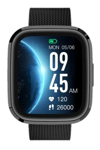 Smartwatch GRC STYLE - czarny z bransoletą ze stali, wyświetlający datę, godzinę, tętno i liczbę kroków