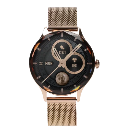 Smartwatch Garett Viva - złoty z bransoletą ze stali, wyświetlający liczbę kroków, tętno, fazy księżyca i datę