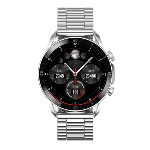 Nowoczesny smartwatch z okrągłą tarczą, srebrną metalową bransoletą, czarnym cyferblatem, wskazówkami i wyświetlaczem z funkcjami fitness, takimi jak licznik kroków, kalorie, monitorowanie tętna