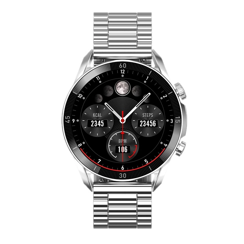 Nowoczesny smartwatch z okrągłą tarczą, srebrną metalową bransoletą, czarnym cyferblatem, wskazówkami i wyświetlaczem z funkcjami fitness, takimi jak licznik kroków, kalorie, monitorowanie tętna