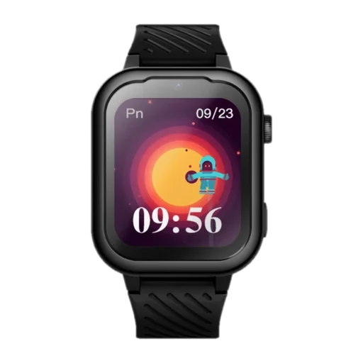 Czarny smartwatch Garett Kids Essa 4G dla dzieci z kolorowym wyświetlaczem. Na ekranie widoczna jest godzina 09:56, data 09/23 oraz grafika przedstawiająca astronautę na tle stylizowanego słońca. Urządzenie oferuje funkcję łączności 4G, idealne do monitorowania aktywności dziecka i zapewnienia bezpieczeństwa.