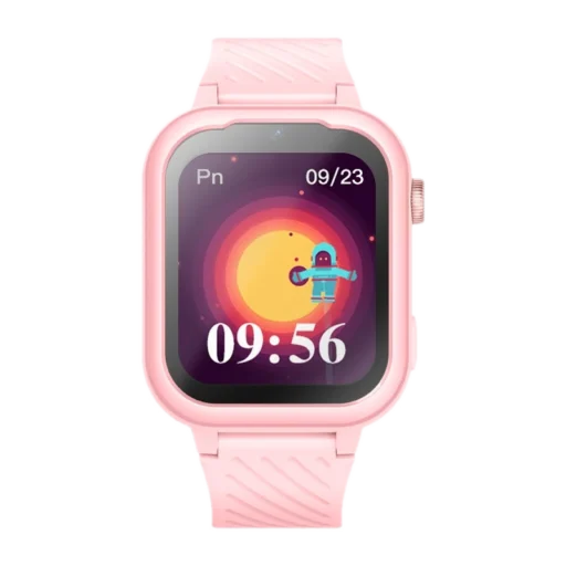 Różowy smartwatch Garett Kids Essa 4G dla dzieci z kolorowym wyświetlaczem. Na ekranie widoczna jest godzina 09:56, data 09/23 oraz grafika przedstawiająca astronautę na tle stylizowanego słońca. Urządzenie oferuje funkcję łączności 4G, idealne do monitorowania aktywności dziecka i zapewnienia bezpieczeństwa.