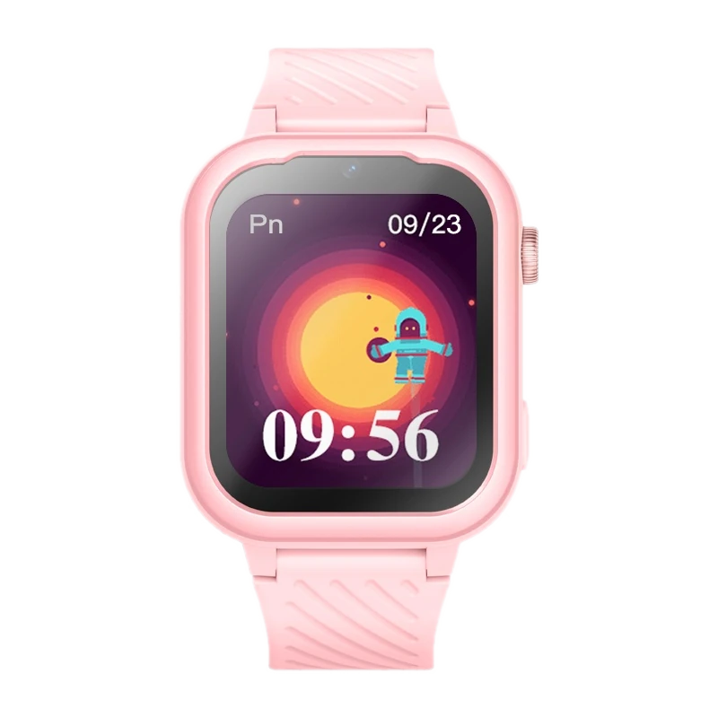 Różowy smartwatch Garett Kids Essa 4G dla dzieci z kolorowym wyświetlaczem. Na ekranie widoczna jest godzina 09:56, data 09/23 oraz grafika przedstawiająca astronautę na tle stylizowanego słońca. Urządzenie oferuje funkcję łączności 4G, idealne do monitorowania aktywności dziecka i zapewnienia bezpieczeństwa.