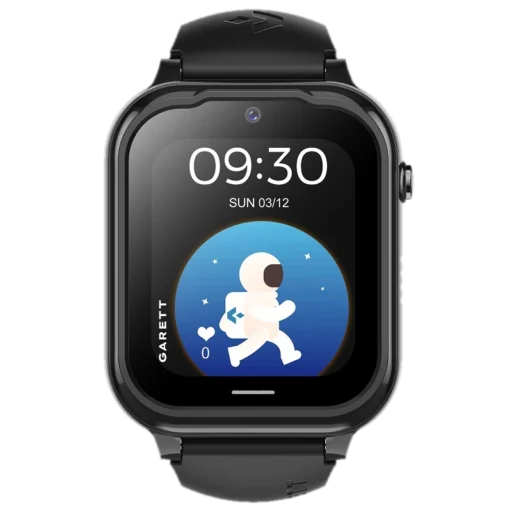 Czarny smartwatch Garett Kids Essa Go 4G dla dzieci z kolorowym wyświetlaczem. Na ekranie widoczna jest godzina 09:30 oraz grafika astronauty w kosmosie. Urządzenie jest wyposażone w funkcję łączności 4G, idealne do śledzenia aktywności dziecka i zapewnienia bezpieczeństwa.
