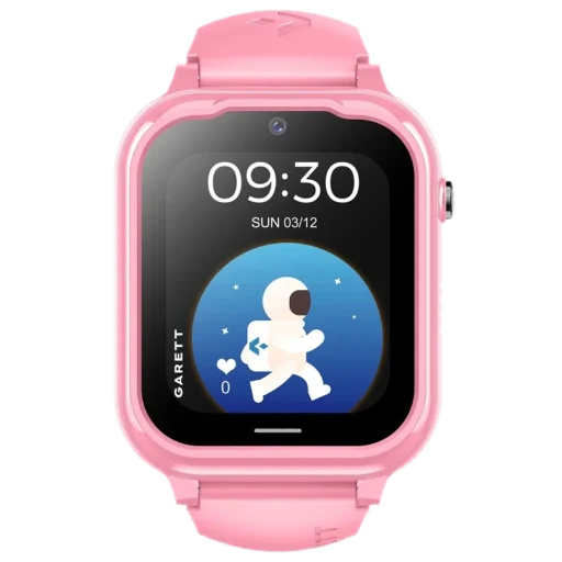 Różowy smartwatch Garett Kids Essa Go 4G dla dzieci z kolorowym wyświetlaczem. Na ekranie widoczna jest godzina 09:30 oraz grafika astronauty w kosmosie. Urządzenie jest wyposażone w funkcję łączności 4G, idealne do śledzenia aktywności dziecka i zapewnienia bezpieczeństwa.