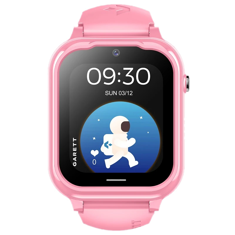 Różowy smartwatch Garett Kids Essa Go 4G dla dzieci z kolorowym wyświetlaczem. Na ekranie widoczna jest godzina 09:30 oraz grafika astronauty w kosmosie. Urządzenie jest wyposażone w funkcję łączności 4G, idealne do śledzenia aktywności dziecka i zapewnienia bezpieczeństwa.