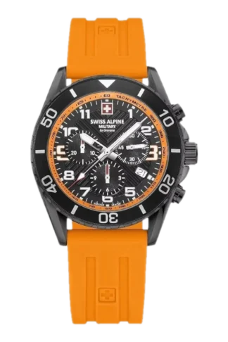 Zegarek Swiss Alpine Military by Grovana z pomarańczowym silikonowym paskiem. Koperta zegarka wykonana jest z czarnego metalu, a tarcza zawiera analogowe wskaźniki z białymi i pomarańczowymi akcentami, trzy mniejsze subdialy i okienko datownika. Funkcje zegarka obejmują tachymetr i są odporne na wodę, idealne do outdoorowych przygód.