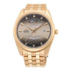 Zegarek Orient Automatic - złoty, z bransoletą ze stali nierdzewnej, wyświetlający miesiące, dni tygodnia, numer tygodnia oraz datę