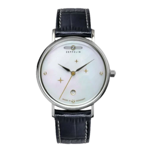Zegarek Zeppelin 7131-3 z elegancką tarczą perłową, ozdobiony subtelnymi gwiazdami i klasycznym czarnym skórzanym paskiem, precyzyjnie wykonany w Niemczech.