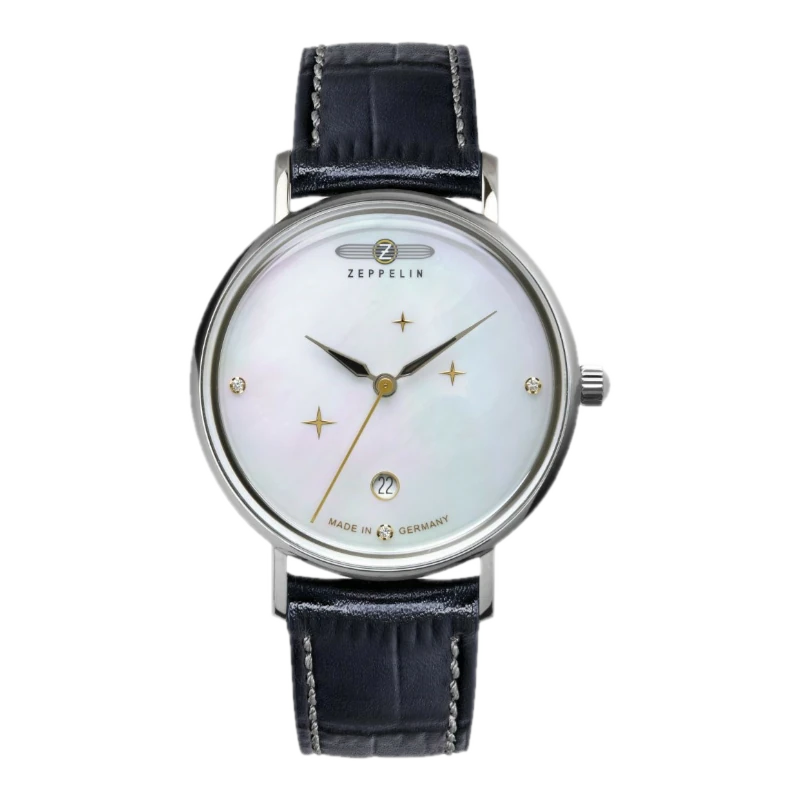 Zegarek Zeppelin 7131-3 z elegancką tarczą perłową, ozdobiony subtelnymi gwiazdami i klasycznym czarnym skórzanym paskiem, precyzyjnie wykonany w Niemczech.