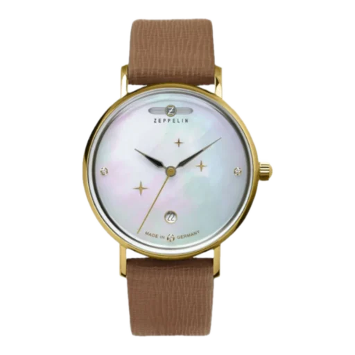 Damski zegarek Zeppelin 7131-5 z tarczą z masy perłowej, złotą kopertą oraz brązowym skórzanym paskiem. Elegancki design z subtelnymi kryształkami na tarczy.