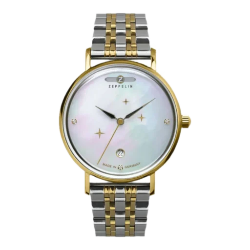 Damski zegarek Zeppelin 7131M-5 z tarczą z masy perłowej, złotymi detalami i dwukolorową bransoletą. Elegancki design z delikatnymi kryształkami na tarczy.