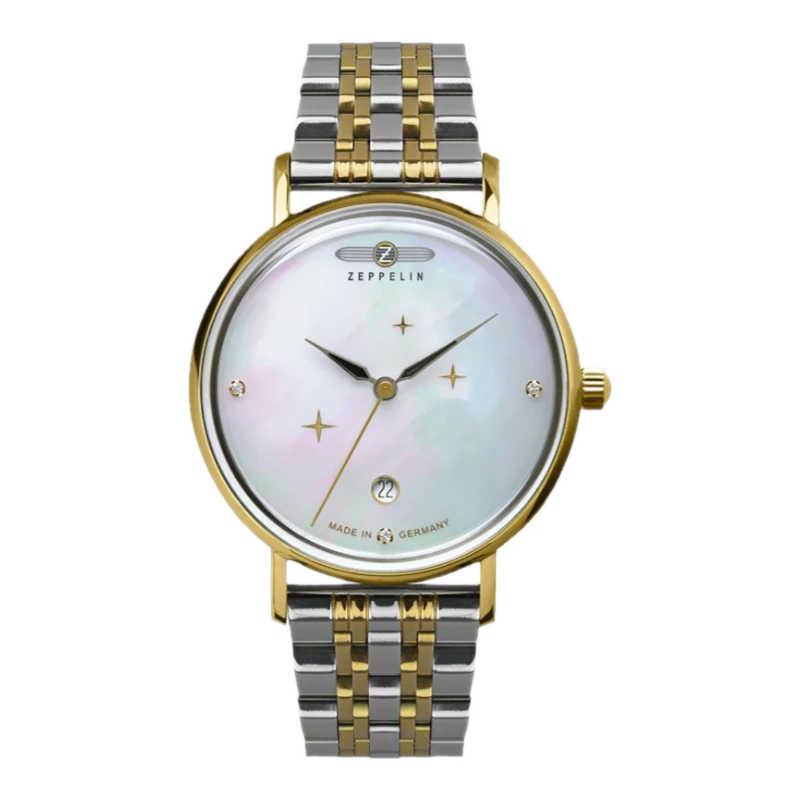 Damski zegarek Zeppelin 7131M-5 z tarczą z masy perłowej, złotymi detalami i dwukolorową bransoletą. Elegancki design z delikatnymi kryształkami na tarczy.