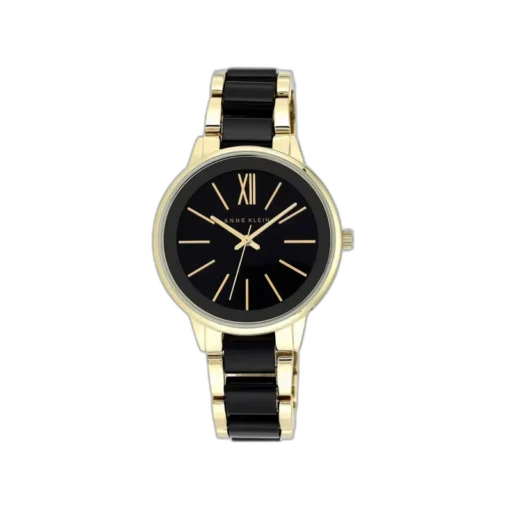 Klasyczny zegarek Anne Klein w złotej kolorystyce z czarną tarczą i detalami. Bransoleta łączona w kolorach złotym i czarnym, idealna na eleganckie okazje. Wyraźne złote indeksy i rzymska dwunastka na tarczy dodają mu wyrafinowanego charakteru.