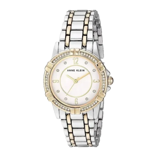 Model ANNE KLEIN 31mm AK-3483SVTT to stylowy zegarek, który łączy elegancję ze współczesnym wzornictwem. Koperta o średnicy 31 mm wykonana jest ze stali nierdzewnej w dwóch odcieniach: srebrnym i złotym. Tarcza ma delikatne zdobienia w postaci kryształków, a złote wskazówki i indeksy dodają jej luksusowego charakteru. Bransoleta w stylu biżuteryjnym, również dwukolorowa, idealnie komponuje się z kopertą. Ten model jest perfekcyjnym wyborem na co dzień i na wyjątkowe okazje, dzięki uniwersalnemu, a jednocześnie eleganckiemu designowi.