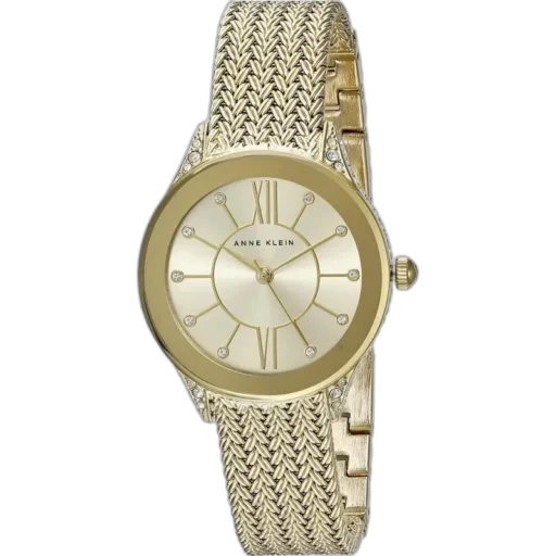 Wyrafinowany zegarek Anne Klein o średnicy 30 mm, utrzymany w odcieniach złota. Bransoleta pleciona z subtelnymi detalami dodaje mu luksusowego charakteru. Złota tarcza z rzymskimi cyframi i delikatnymi kryształkami na indeksach podkreśla elegancję. Idealny wybór dla kobiet ceniących klasykę z nutą nowoczesności.