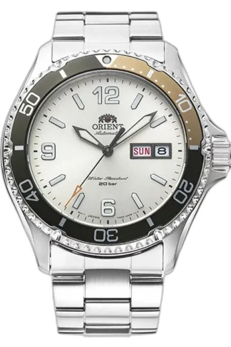Orient RA-AA0821S19B - Klasyczny automatyczny zegarek męski z beżową tarczą i stalową bransoletą. Wyposażony w wodoodporność do 200 metrów, datownik dzień-miesiąc i zielono-złoty obrotowy bezel. Stylowy wybór dla eleganckich miłośników zegarków.