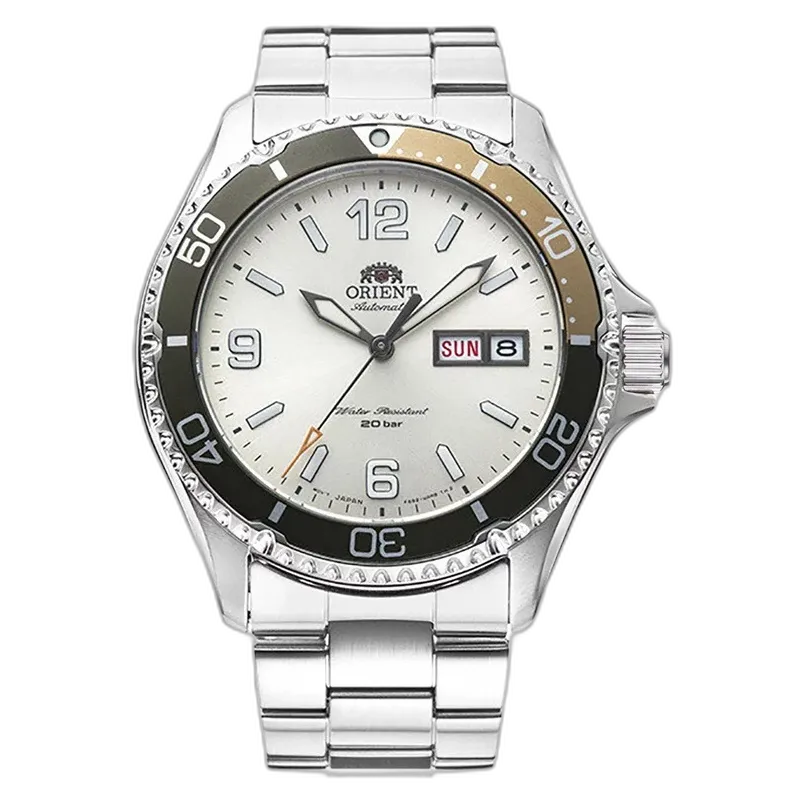 Orient RA-AA0821S19B - Klasyczny automatyczny zegarek męski z beżową tarczą i stalową bransoletą. Wyposażony w wodoodporność do 200 metrów, datownik dzień-miesiąc i zielono-złoty obrotowy bezel. Stylowy wybór dla eleganckich miłośników zegarków.