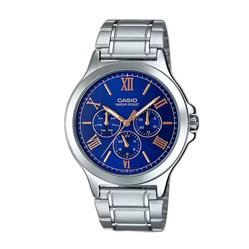 Casio MTP-V300D-2AUDF - elegancki męski zegarek z niebieską tarczą, rzymskimi cyframi i stalową bransoletą. Wyposażony w funkcje datownika i chronografu, idealny na co dzień oraz na wyjątkowe okazje.