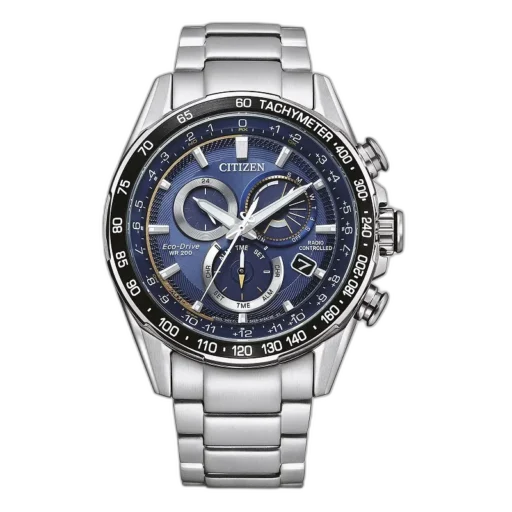 Zegarek Citizen CB5914-89L Eco-Drive z radiowym sterowaniem czasu i chronografem. Stylowa niebieska tarcza z tachometrem, srebrna bransoleta stalowa, wodoodporność do 200 metrów. Idealny dla miłośników precyzji i funkcjonalności.
