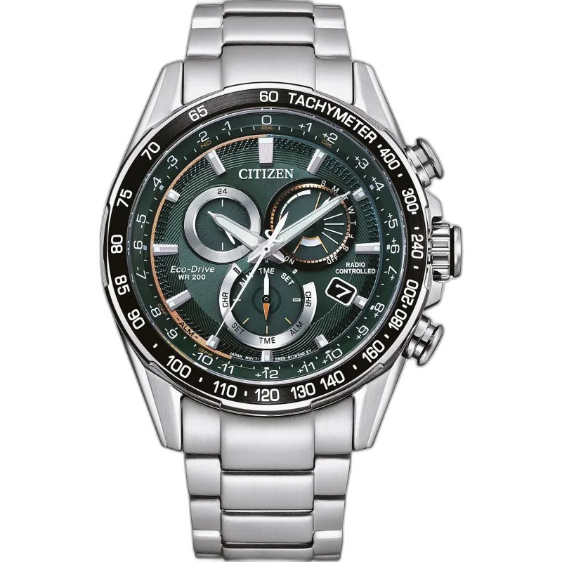 Zegarek Citizen CB5914-89X Eco-Drive z radiowym sterowaniem czasu i funkcją chronografu. Elegancka zielona tarcza z tachometrem, stalowa bransoleta, wodoodporność do 200 metrów. Idealny dla osób ceniących precyzję, technologię i styl.