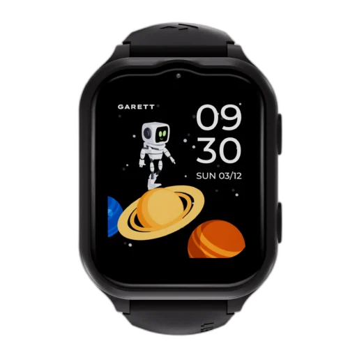 Smartwatch Garett Kids eSIM 4G w kolorze czarnym, z kolorowym wyświetlaczem i motywem kosmicznym. Wyposażony w funkcje lokalizatora GPS, połączeń wideo, krokomierza i alarmu. Idealny dla bezpieczeństwa i zabawy dzieci.