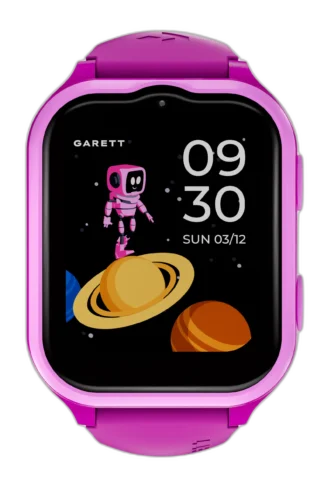Smartwatch Garett Kids eSIM 4G w kolorze różowym, z kolorowym wyświetlaczem i motywem kosmicznym. Wyposażony w funkcje lokalizatora GPS, połączeń wideo, krokomierza i alarmu. Idealny dla bezpieczeństwa i zabawy dzieci.