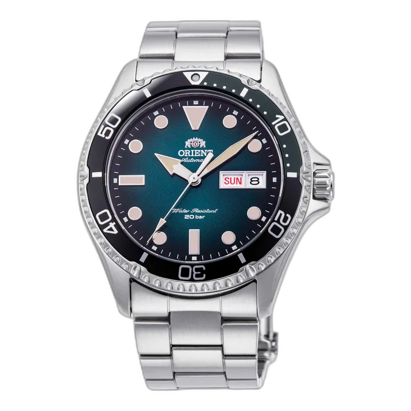 Zegarek Orient RA-AA0811E19B Automatic Diver's z zieloną tarczą i stalową bransoletą. Wodoodporność do 200 metrów, funkcja datownika, mechanizm automatyczny oraz obrotowy bezel sprawiają, że jest to idealny wybór dla nurków i miłośników aktywnego stylu życia.